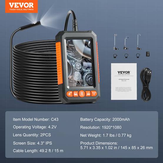 VEVOR Endoscope double objectif: 8+1 LED, ecran IPS 4.3, cable 15m semi-rigide, zoom 4X, 1080P, IP67, pour auto et plomberie. - Image 7