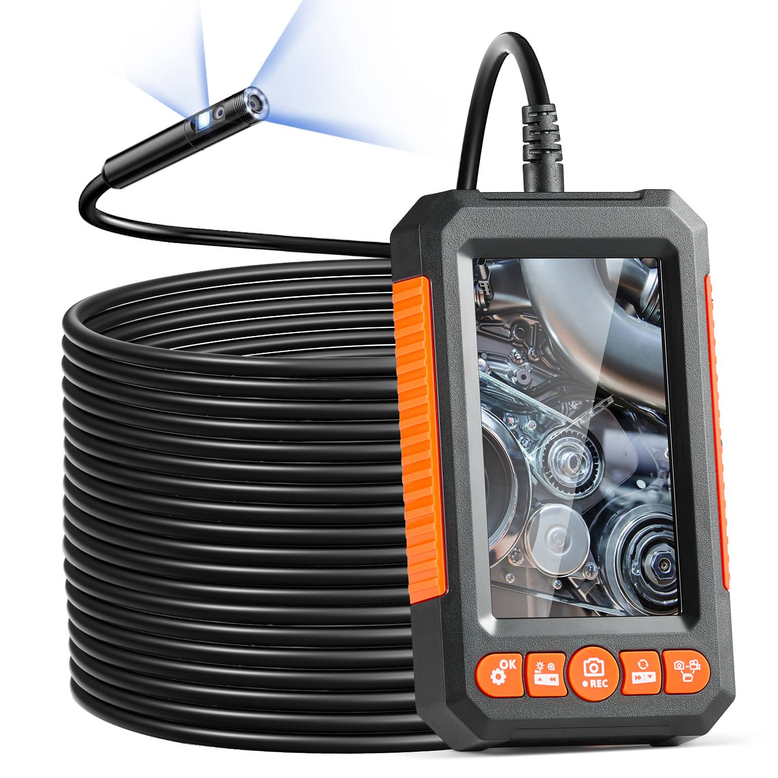 VEVOR Endoscope double objectif: 8+1 LED, ecran IPS 4.3, cable 15m semi-rigide, zoom 4X, 1080P, IP67, pour auto et plomberie. - Image 1