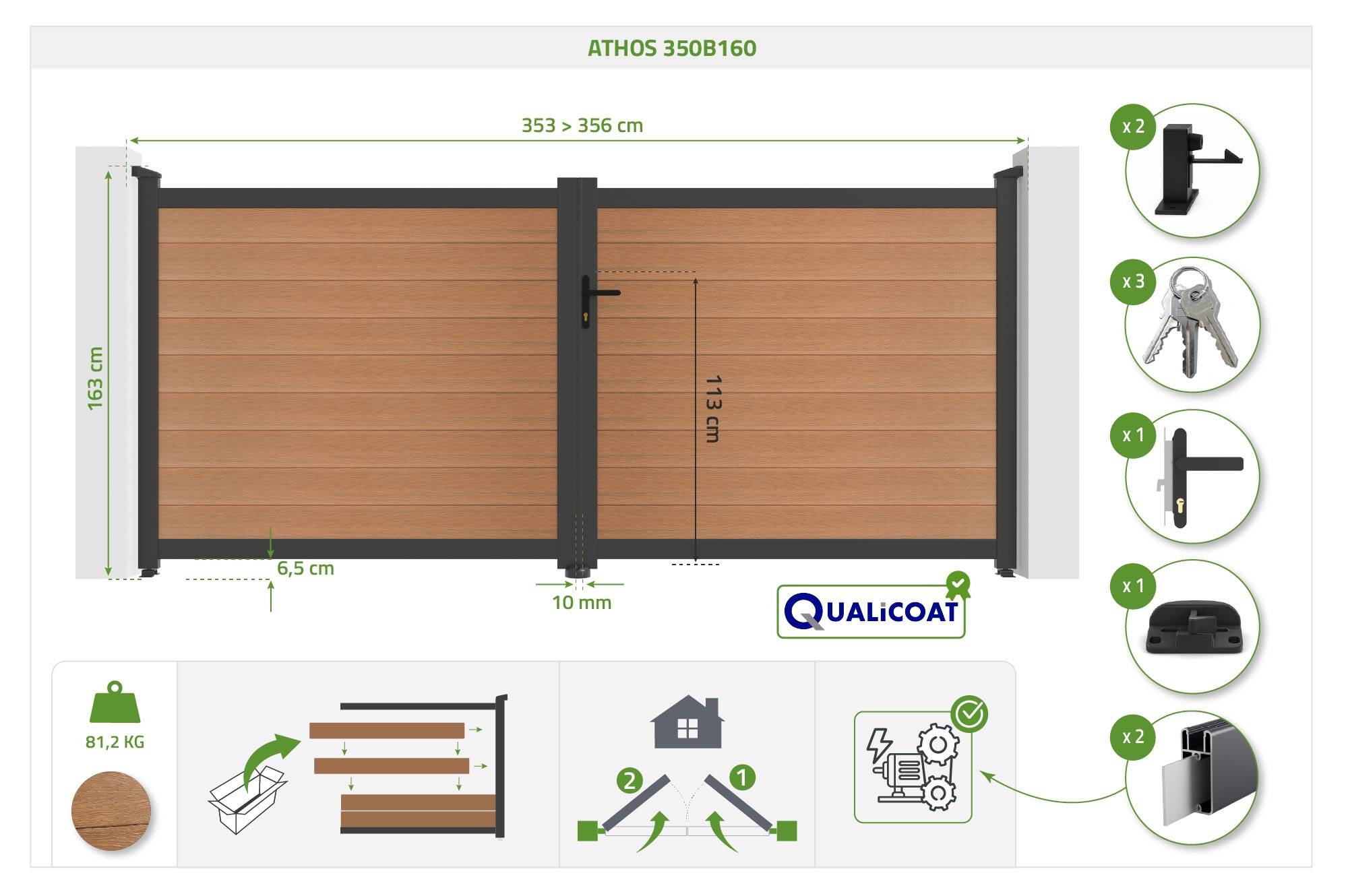 Casanoov Portail bois composite battant 3,5m ATHOS H.160cm teck avec cadre aluminium + motorisation HICKER B200 - Image 2