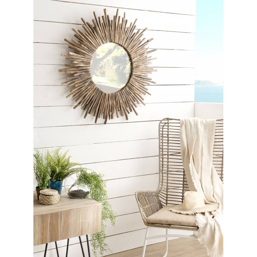 Macabane - LALY - Miroir rond marron 90x90cm soleil branches bois teck - Imagen 2