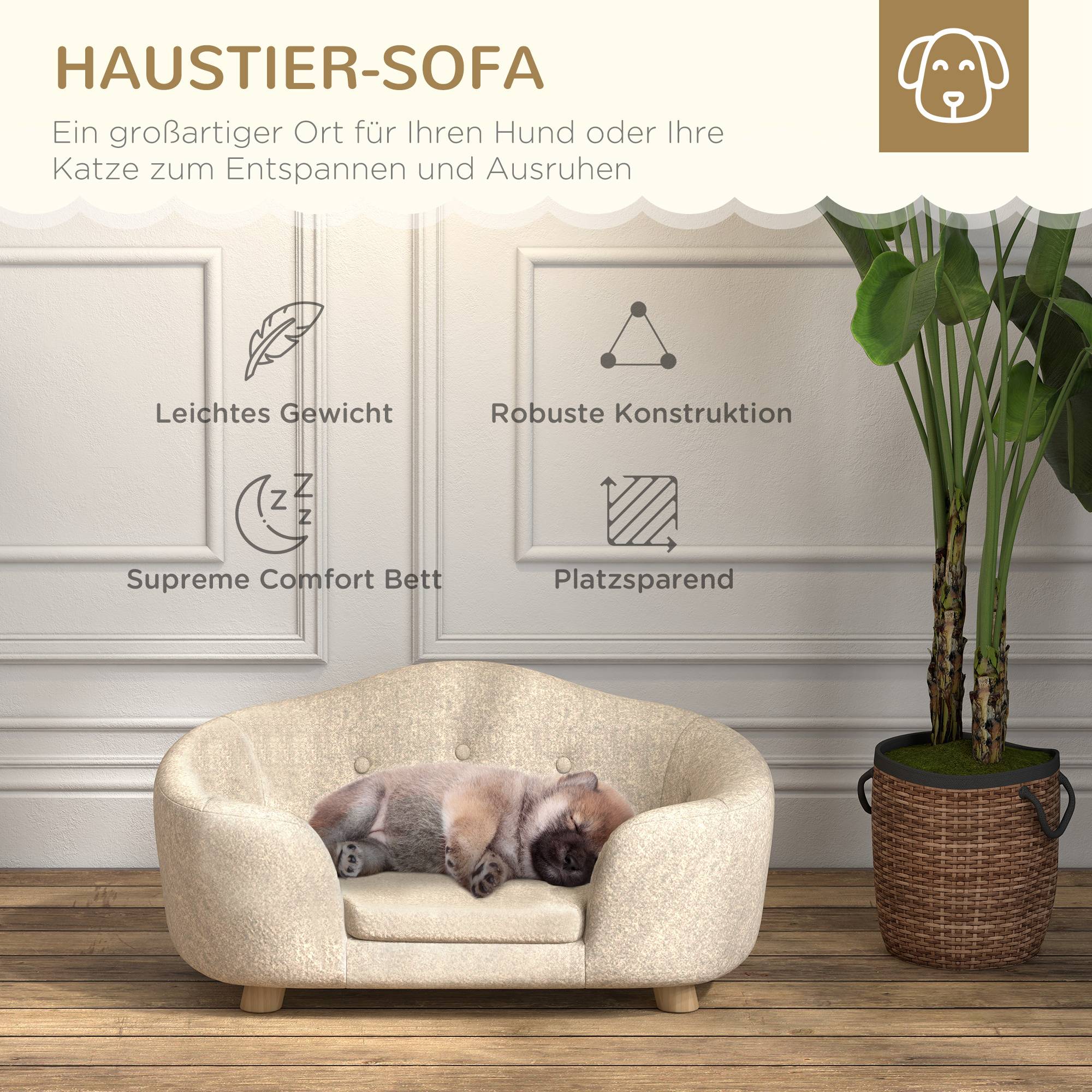 Canapé pour chien avec coussin, bois de pin, crème, 70 x 47 x 30 cm - PANGIVO - Image 4