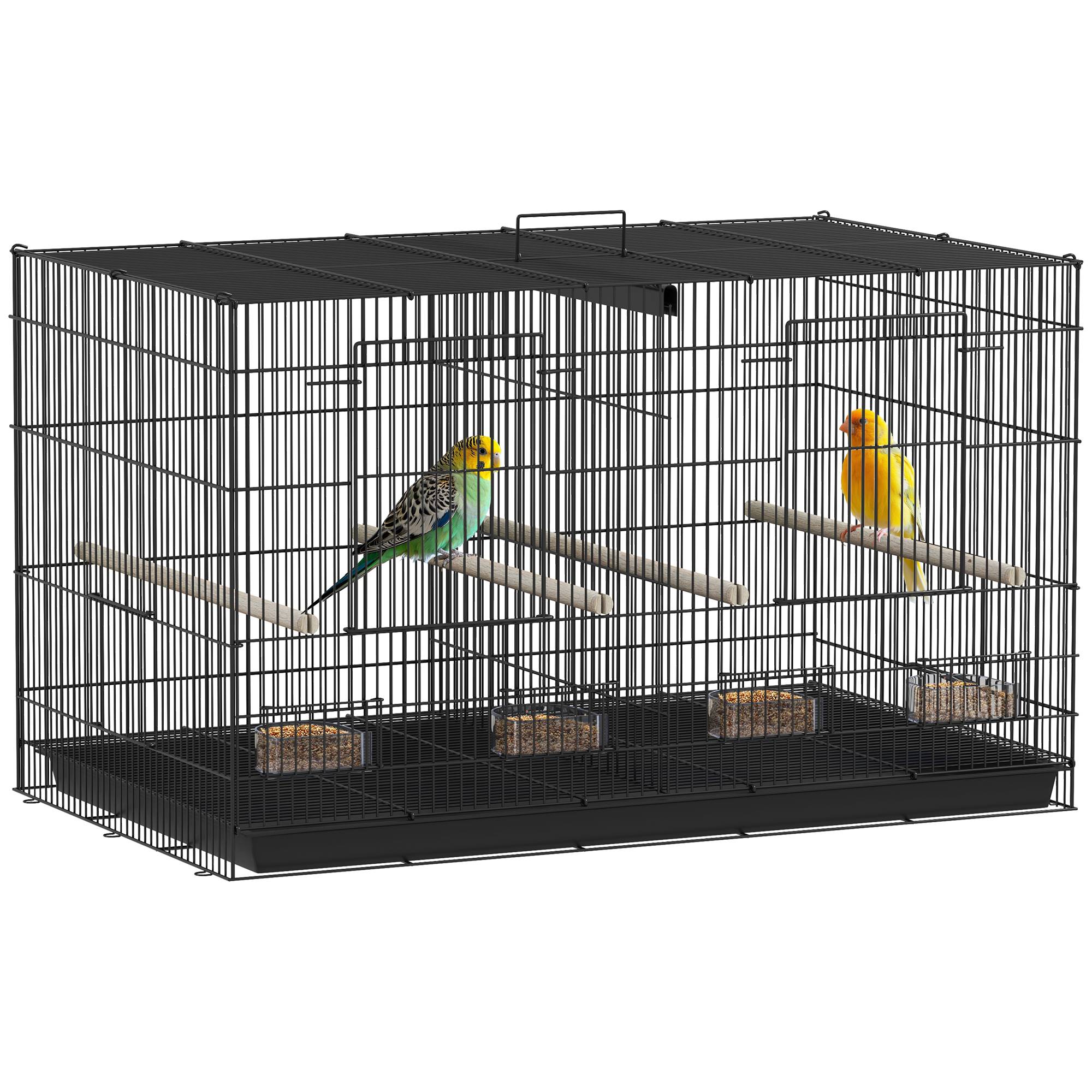 Cage à oiseaux volière intérieur acier avec séparateur 4 perchoirs plateau coulissant 4 mangeoires 76 x 46 x 46 cm noir