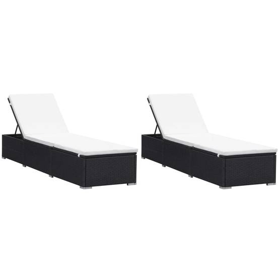 2 pcs Chaises longue | Transat | Bain de soleils avec coussins Résine tressée Noir - Image 2