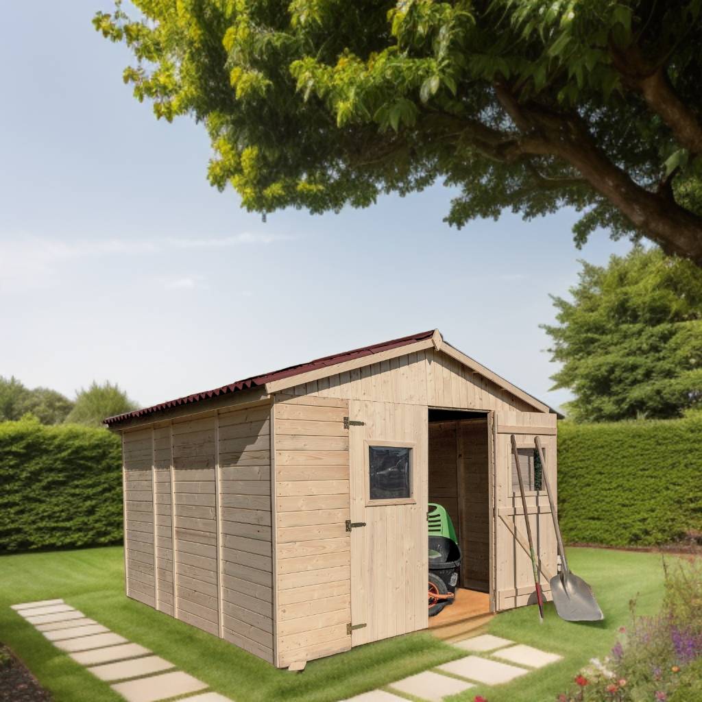 Habrita - Abri Panneau bois massif sans plancher / 16 mm / surface extérieure : 9,00 m2 / toiture plaques ondulées plus grande longévité - Imagen 1