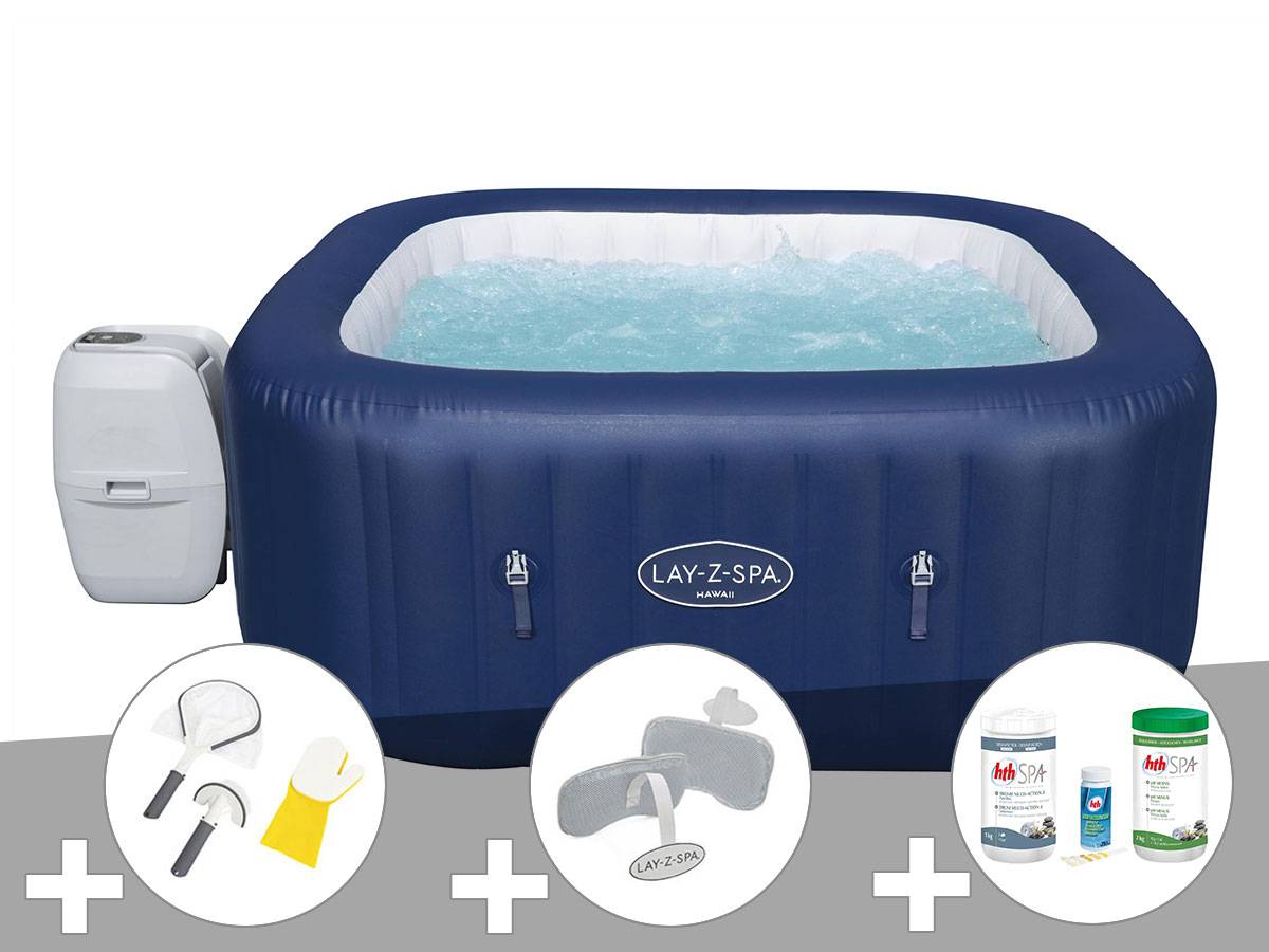 Bestway - Kit spa gonflable Bestway Lay-Z-Spa Hawaii carré Airjet 4/6 places + Kit traitement brome + 2 appuie-têtes + Kit de nettoyage
