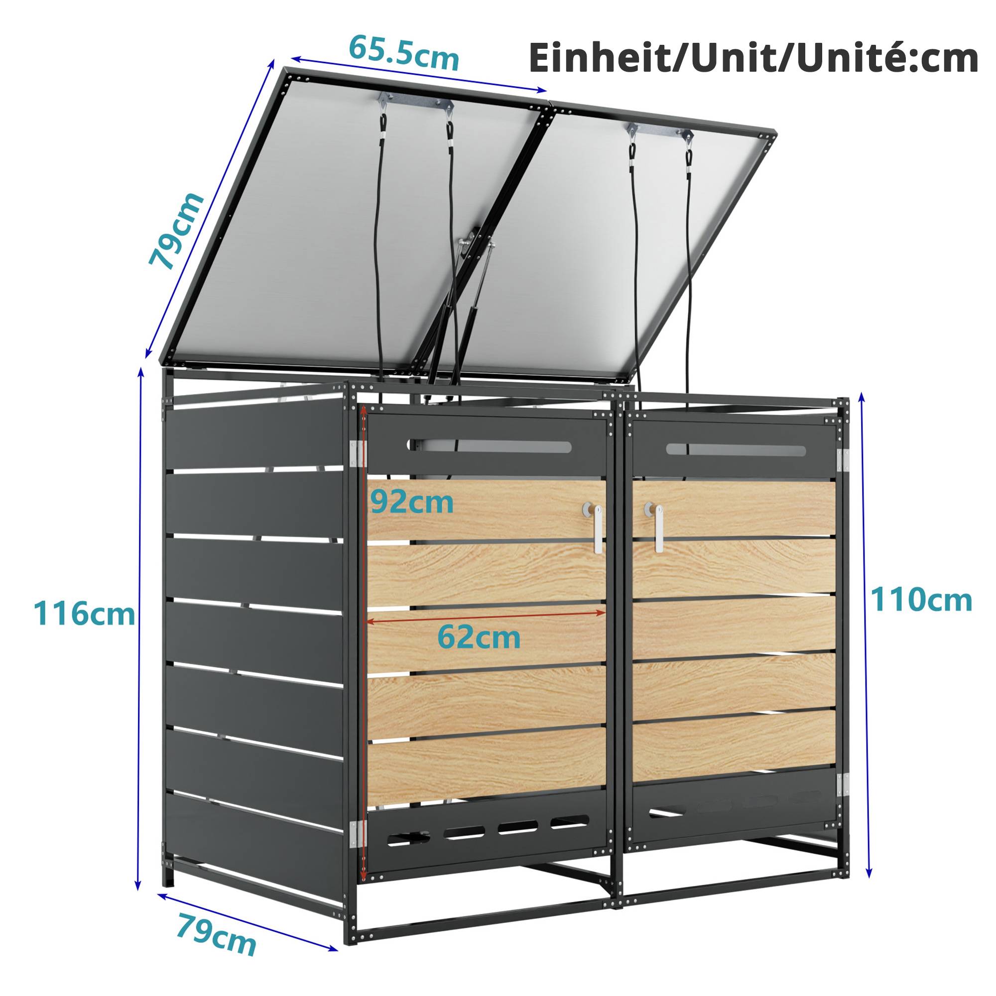 ComfortXL - Cache-poubelle double acier imitation bois extérieur couvercle hydraulique noir 131cm - ComfortXL Outdoor Living - Image 3