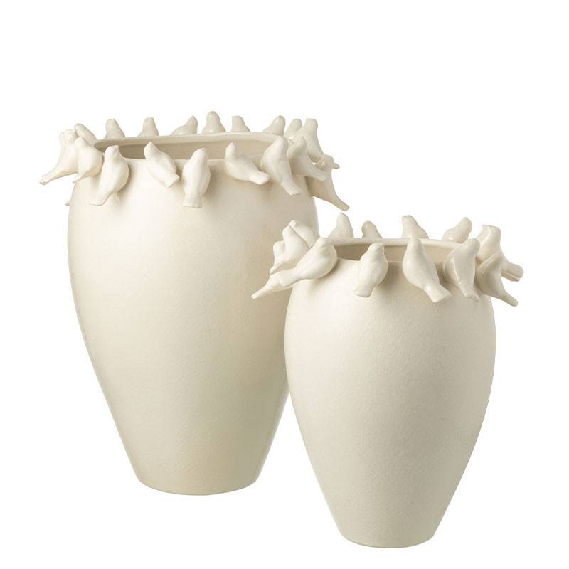 Vase aux oiseaux Budgie céramique blanc 40x33x33cm - Image 3