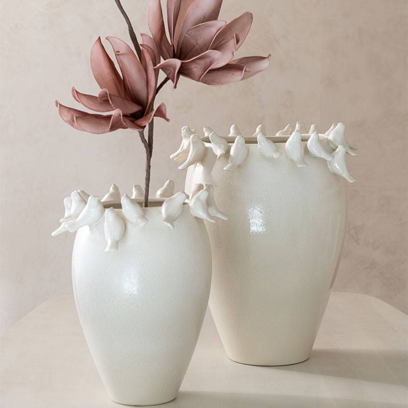 Vase aux oiseaux Budgie céramique blanc 40x33x33cm - Image 1