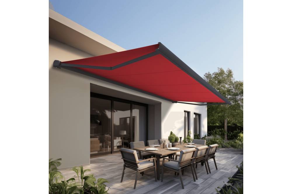 Ombrazur - Store banne Coffre intégral PROTECT 2 SMART Gris Anthracite 4,05x3,50m Motorisé à  télécommande + Capteur Vent - Toile Rouge - Image 2
