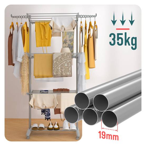 Vounot - Étendoir à linge pliable métal renforcée 125x62x173cm, Séchoir 4 niveaux grande capacité avec roulettes, Gris, VOUNOT® - Image 7