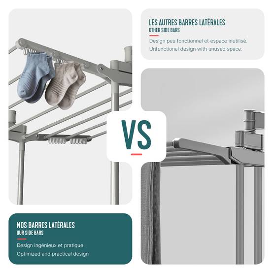 Vounot - Étendoir à linge pliable métal renforcée 125x62x173cm, Séchoir 4 niveaux grande capacité avec roulettes, Gris, VOUNOT® - Image 4