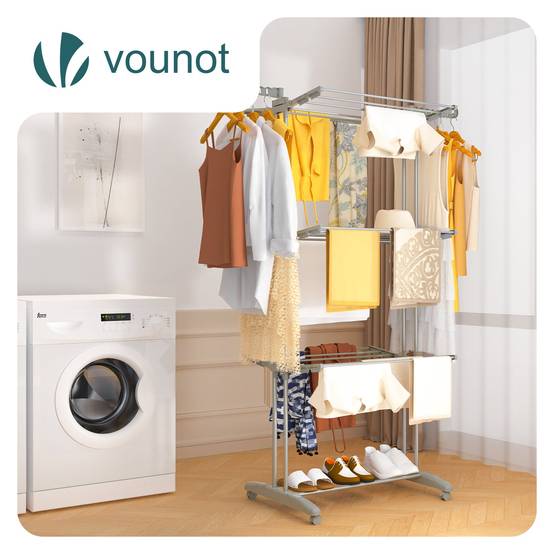 Vounot - Étendoir à linge pliable métal renforcée 125x62x173cm, Séchoir 4 niveaux grande capacité avec roulettes, Gris, VOUNOT® - Image 2