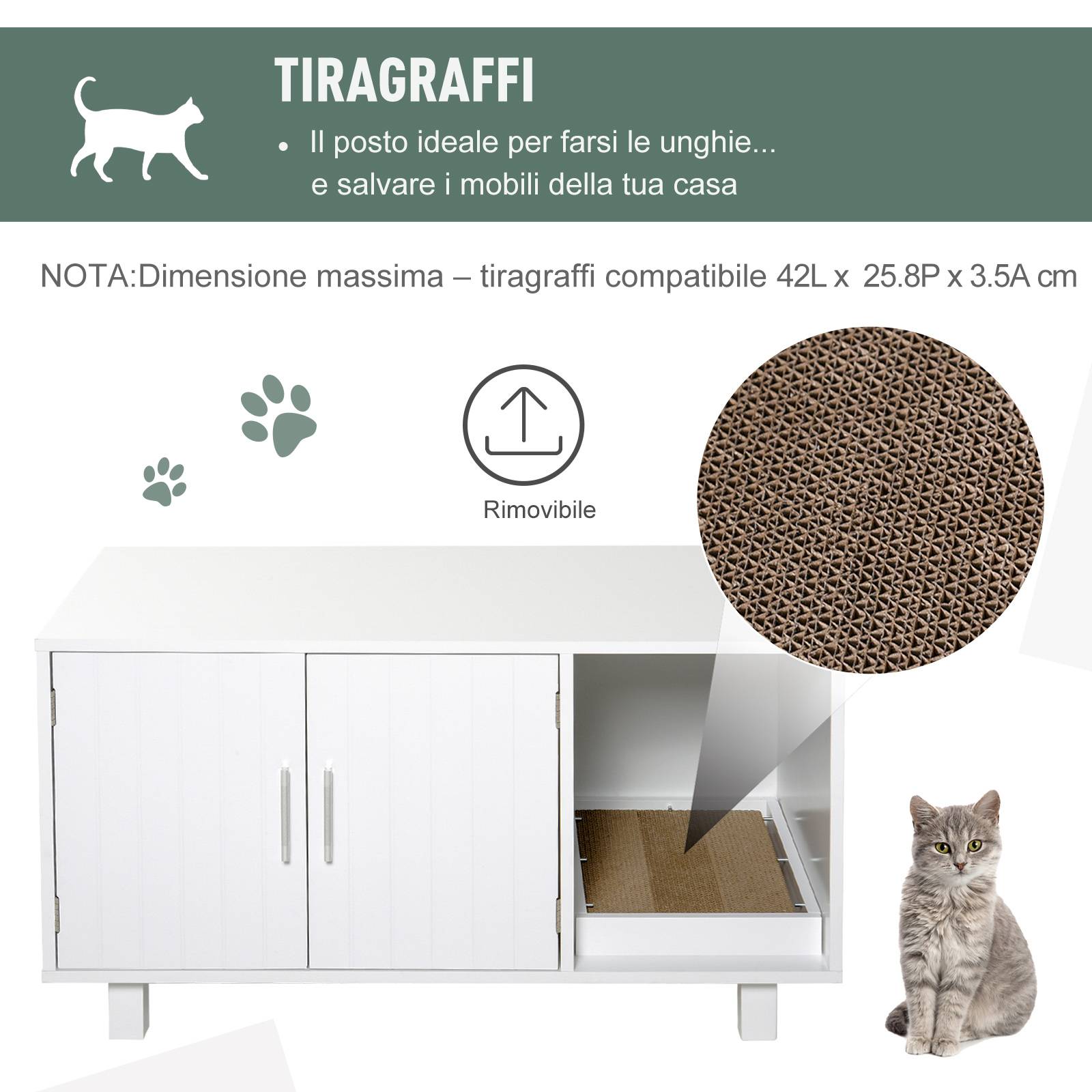 Meuble à litière en bois pour chat avec 2 portes et ouverture latérale, avec griffoir, blanc - Image 8