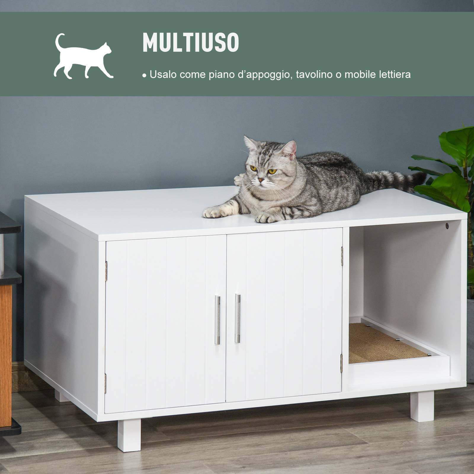 Meuble à litière en bois pour chat avec 2 portes et ouverture latérale, avec griffoir, blanc - Image 7