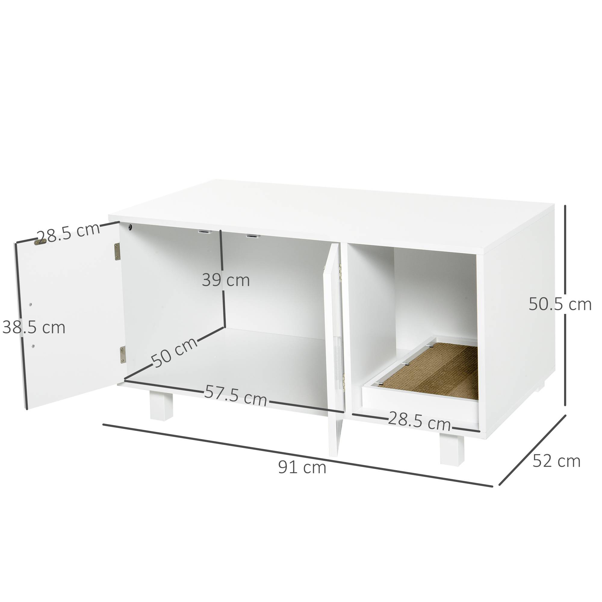 Meuble à litière en bois pour chat avec 2 portes et ouverture latérale, avec griffoir, blanc - Image 5