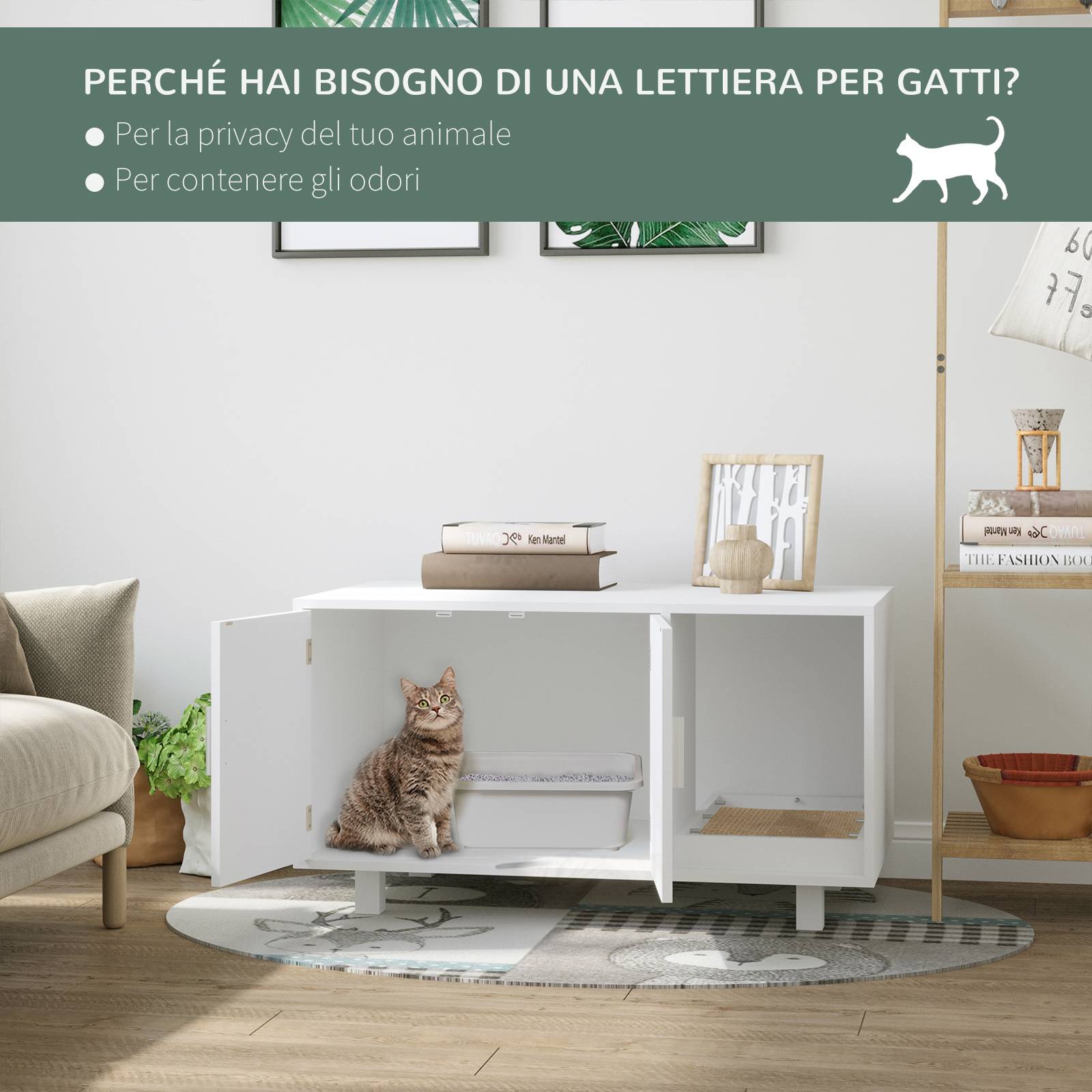 Meuble à litière en bois pour chat avec 2 portes et ouverture latérale, avec griffoir, blanc - Image 9