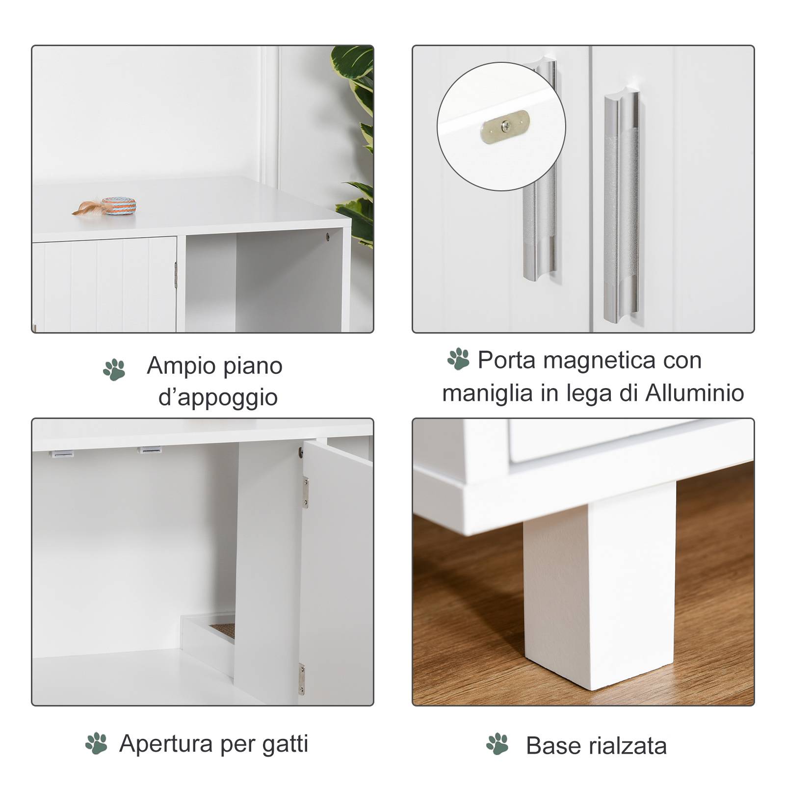 Meuble à litière en bois pour chat avec 2 portes et ouverture latérale, avec griffoir, blanc - Image 6