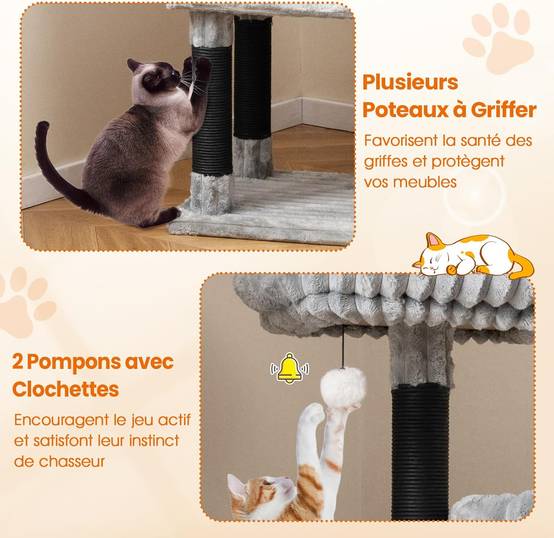 Arbre à Chat XXL 156 cm, 2 Condos, 4 Plateformes, Poteaux à Griffer, Arbre a Chat Maine Coon, Coussin Amovible Lavable, 2 Pompons avec Clochettes, Tou - Image 5