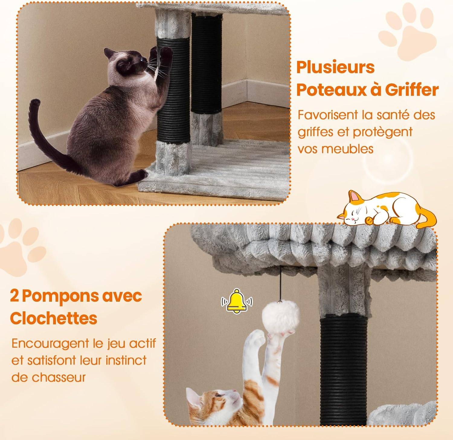 Arbre à Chat XXL 156 cm, 2 Condos, 4 Plateformes, Poteaux à Griffer, Arbre a Chat Maine Coon, Coussin Amovible Lavable, 2 Pompons avec Clochettes, Tou - Image 5