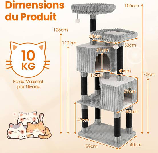Arbre à Chat XXL 156 cm, 2 Condos, 4 Plateformes, Poteaux à Griffer, Arbre a Chat Maine Coon, Coussin Amovible Lavable, 2 Pompons avec Clochettes, Tou - Image 4
