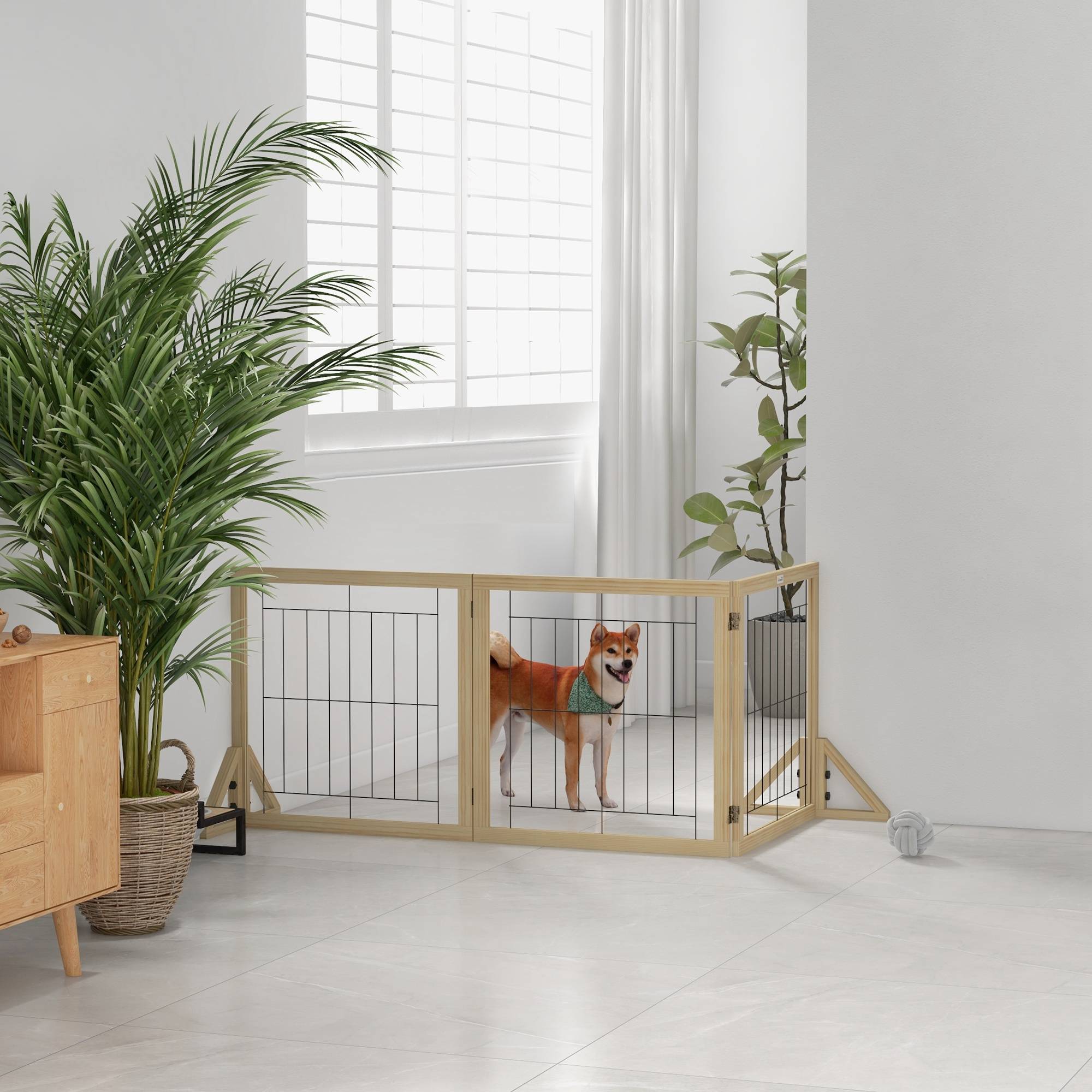 Sans Marque - Clôture pour animaux pliable à 3 panneaux avec pliage bidirectionnel et pieds de support triangulaires 210 x 44 x 70 cm Naturel - Image 4