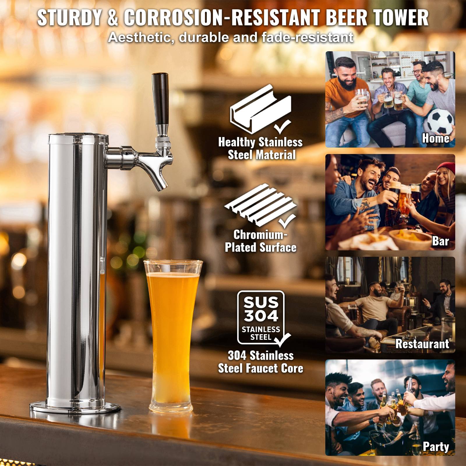 VEVOR Kit colonne bière 1 robinet, inox, régulateur double jauge W21,8. Coupleur système A, plateau égouttage. - Image 5