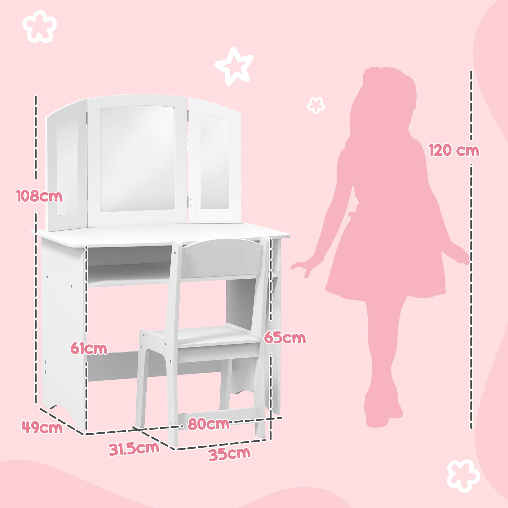 Sans Marque - Ensemble coiffeuse pour enfants avec miroir triple amovible et chaise en bois blanc - Image 5