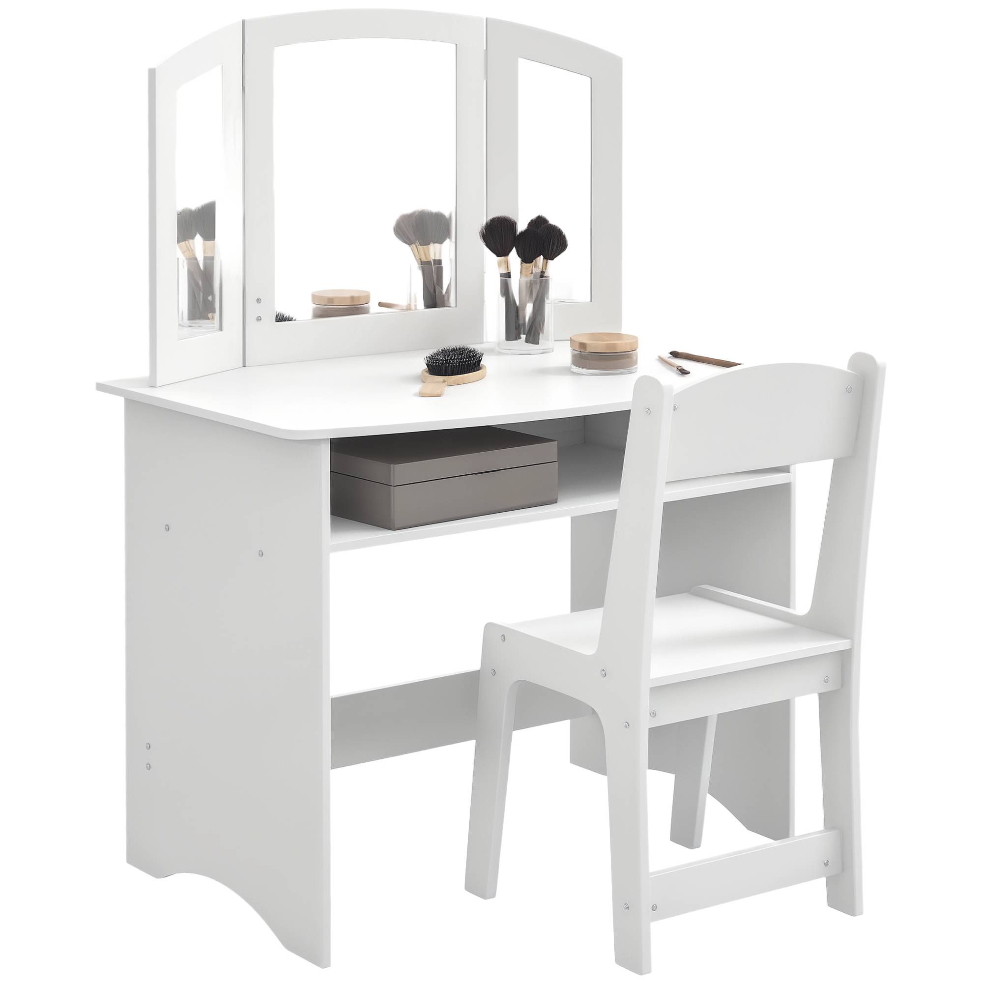 Sans Marque - Ensemble coiffeuse pour enfants avec miroir triple amovible et chaise en bois blanc - Image 1