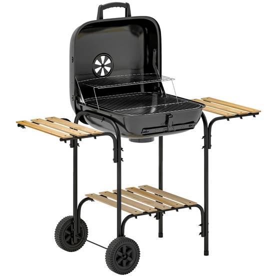 ComfortXL - Barbecue à charbon acier et sapin 98 x 54 x 91 cm noir pour jardin chariot mobile avec couvercle ventilé - Image 10