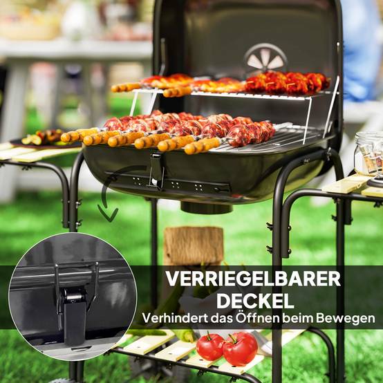 ComfortXL - Barbecue à charbon acier et sapin 98 x 54 x 91 cm noir pour jardin chariot mobile avec couvercle ventilé - Image 7