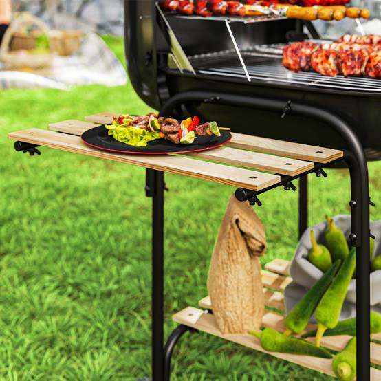 ComfortXL - Barbecue à charbon acier et sapin 98 x 54 x 91 cm noir pour jardin chariot mobile avec couvercle ventilé - Image 9