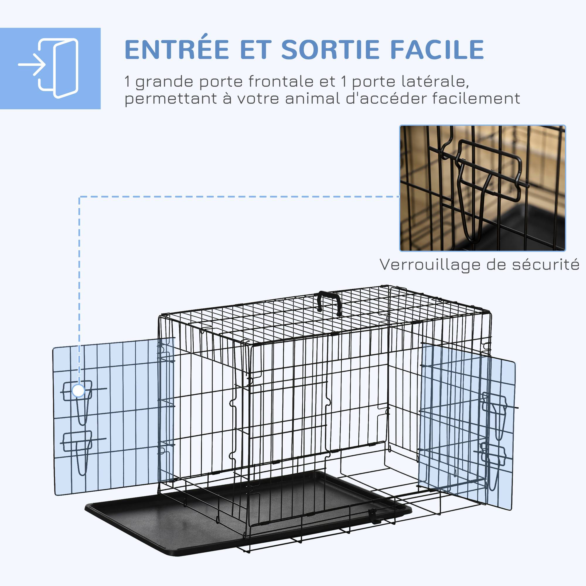 Pawhut - Cage de transport pliante pour chien poignée, plateau amovible, coussin fourni 76 x 53 x 57 cm noir - Imagen 5
