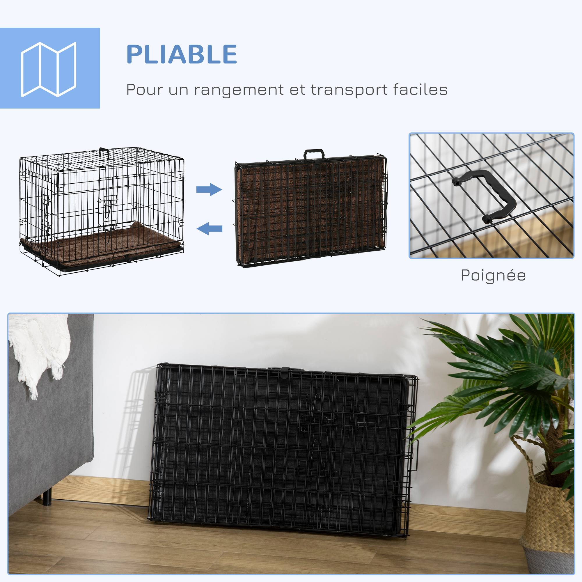 Pawhut - Cage de transport pliante pour chien poignée, plateau amovible, coussin fourni 76 x 53 x 57 cm noir - Imagen 7
