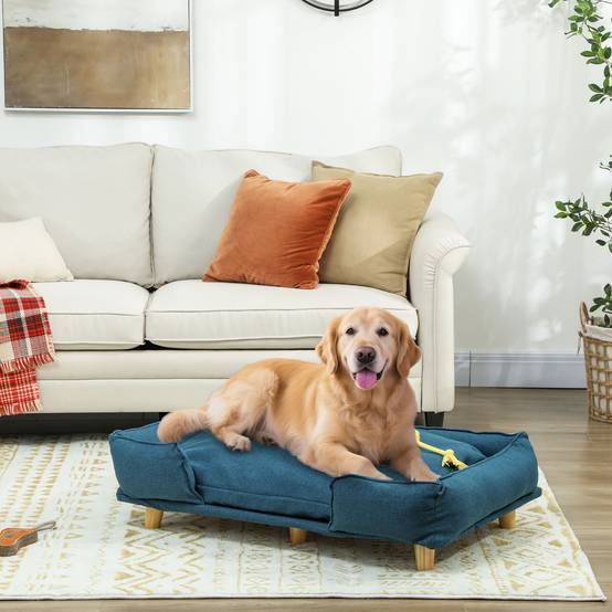 Canapé grand chien bois polyester intérieur grand coussin amovible bleu 96x66x24cm - ComfortXL Outdoor Living - Image 3