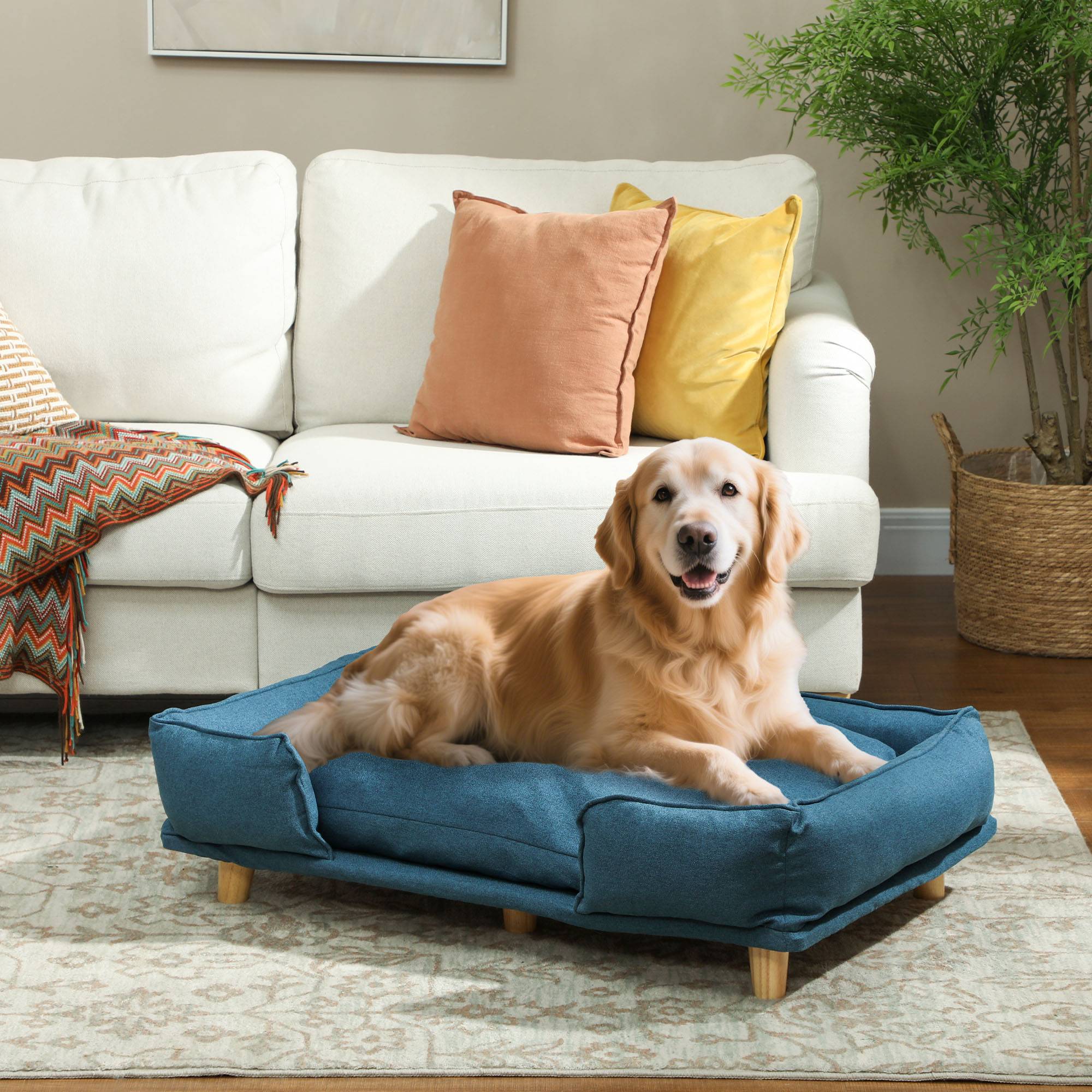 Canapé grand chien bois polyester intérieur grand coussin amovible bleu 96x66x24cm - ComfortXL Outdoor Living - Image 4