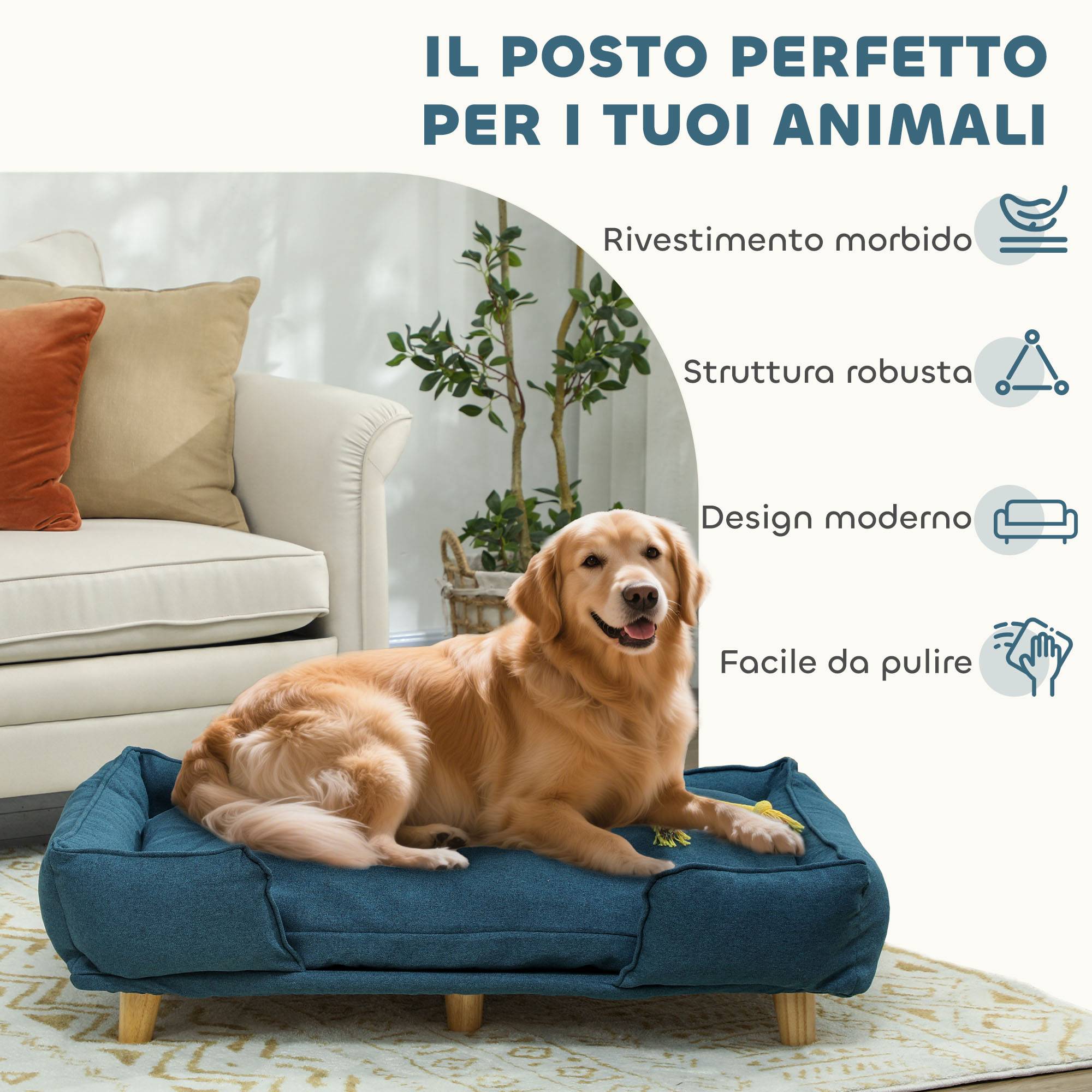 Canapé grand chien bois polyester intérieur grand coussin amovible bleu 96x66x24cm - ComfortXL Outdoor Living - Image 9