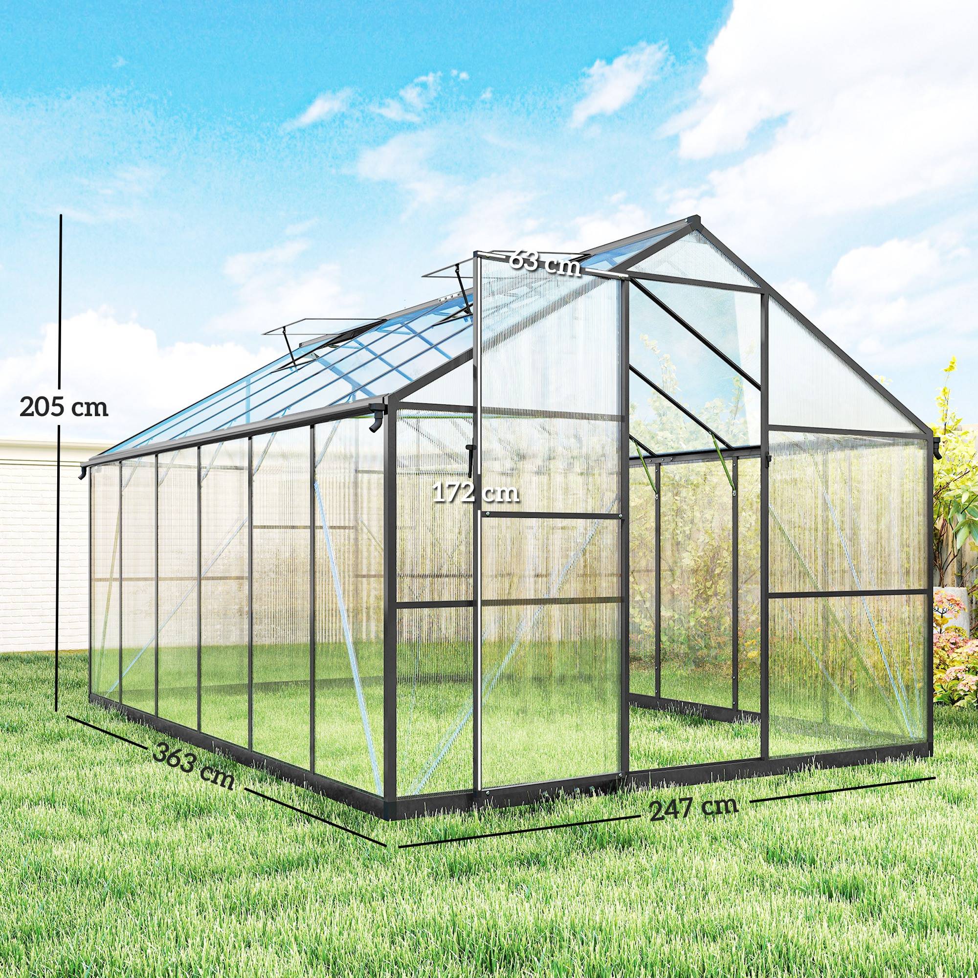 Sans Marque - Serre de jardin en aluminium polycarbonate, serre avec fenêtres supérieures réglables 363x247x205cm noir - Image 5