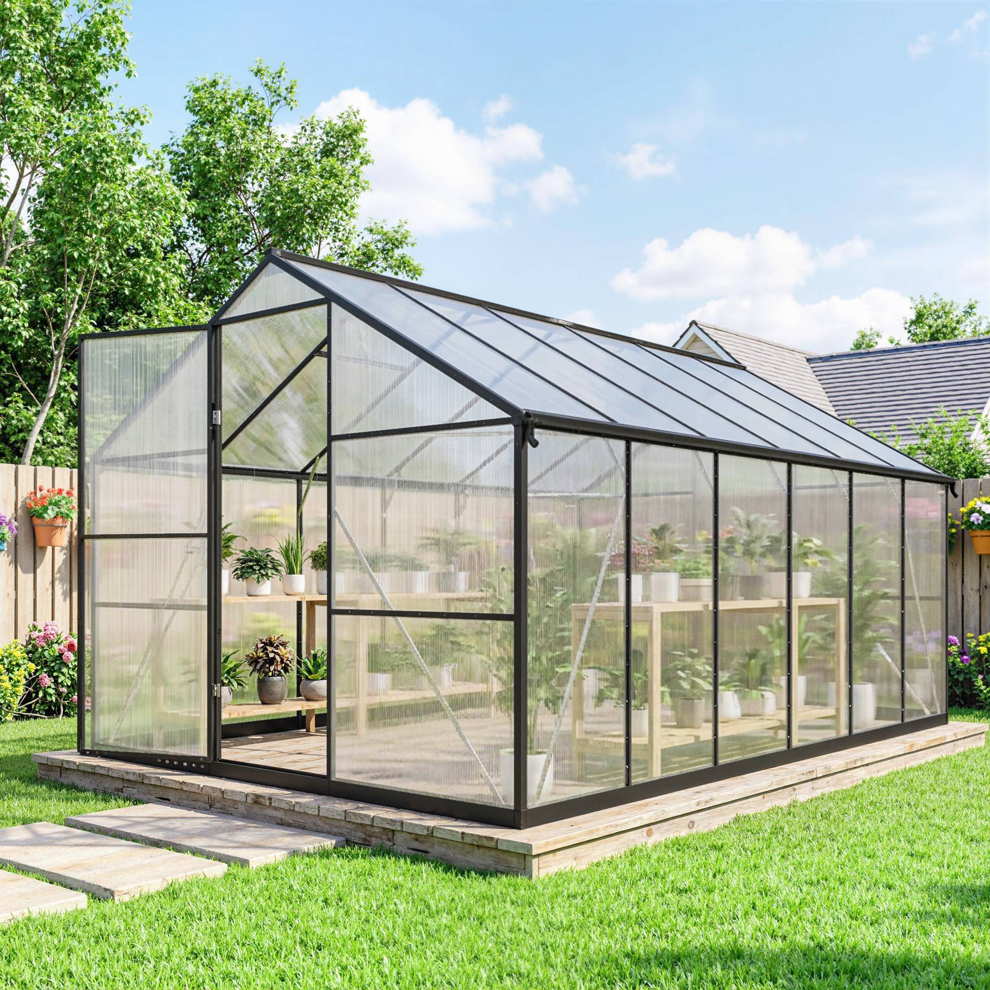 Sans Marque - Serre de jardin en aluminium polycarbonate, serre avec fenêtres supérieures réglables 363x247x205cm noir - Image 3