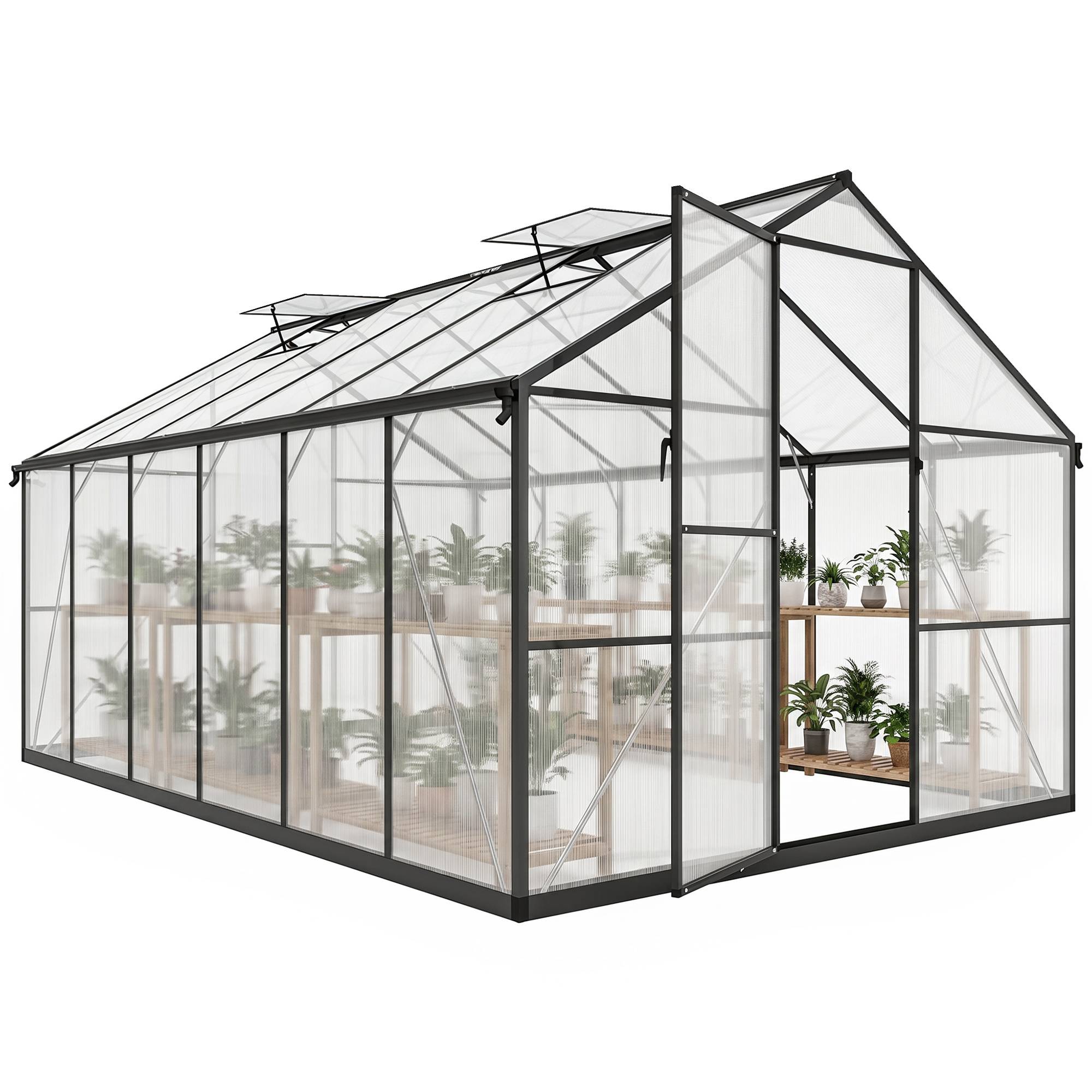 Sans Marque - Serre de jardin en aluminium polycarbonate, serre avec fenêtres supérieures réglables 363x247x205cm noir - Image 1