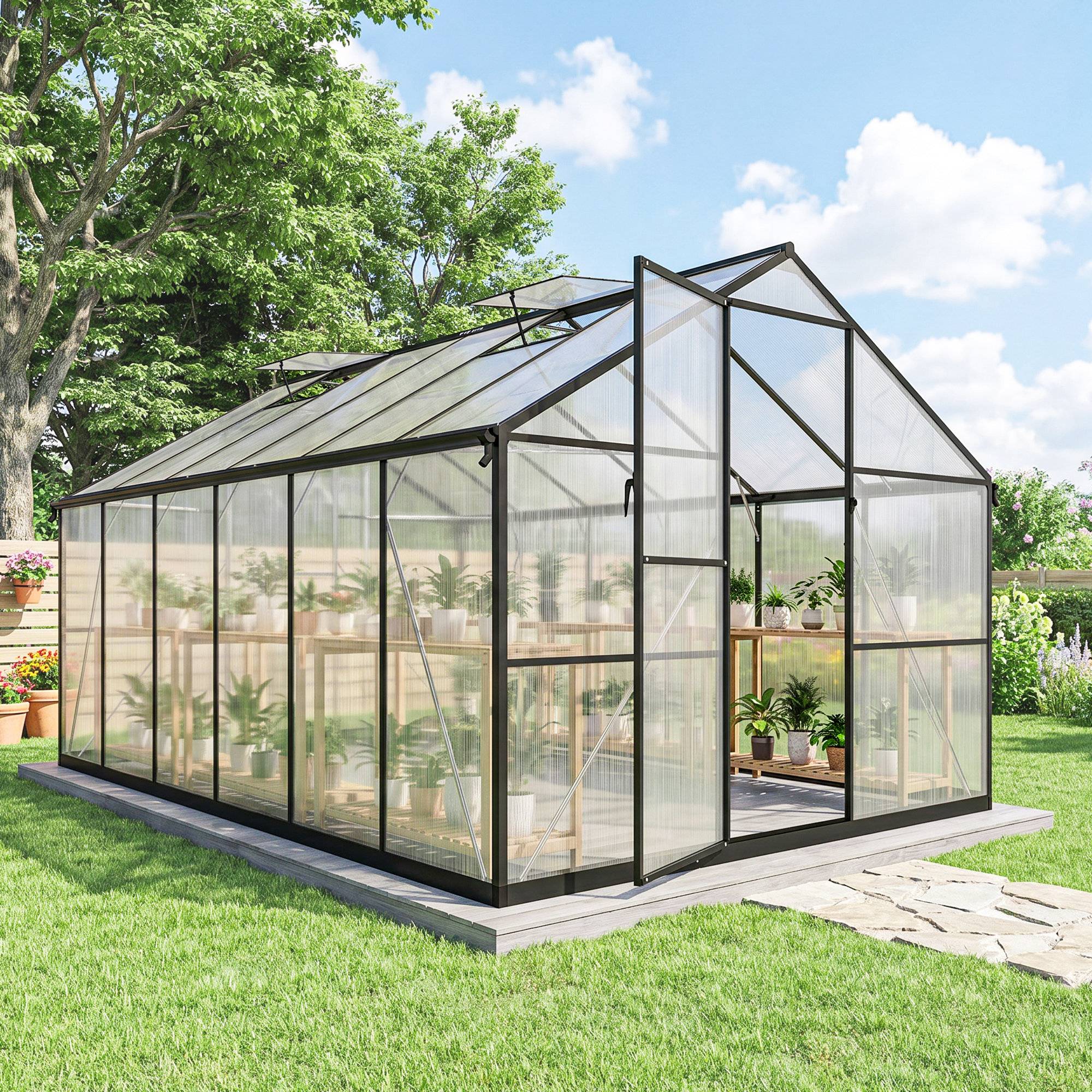 Sans Marque - Serre de jardin en aluminium polycarbonate, serre avec fenêtres supérieures réglables 363x247x205cm noir - Image 4