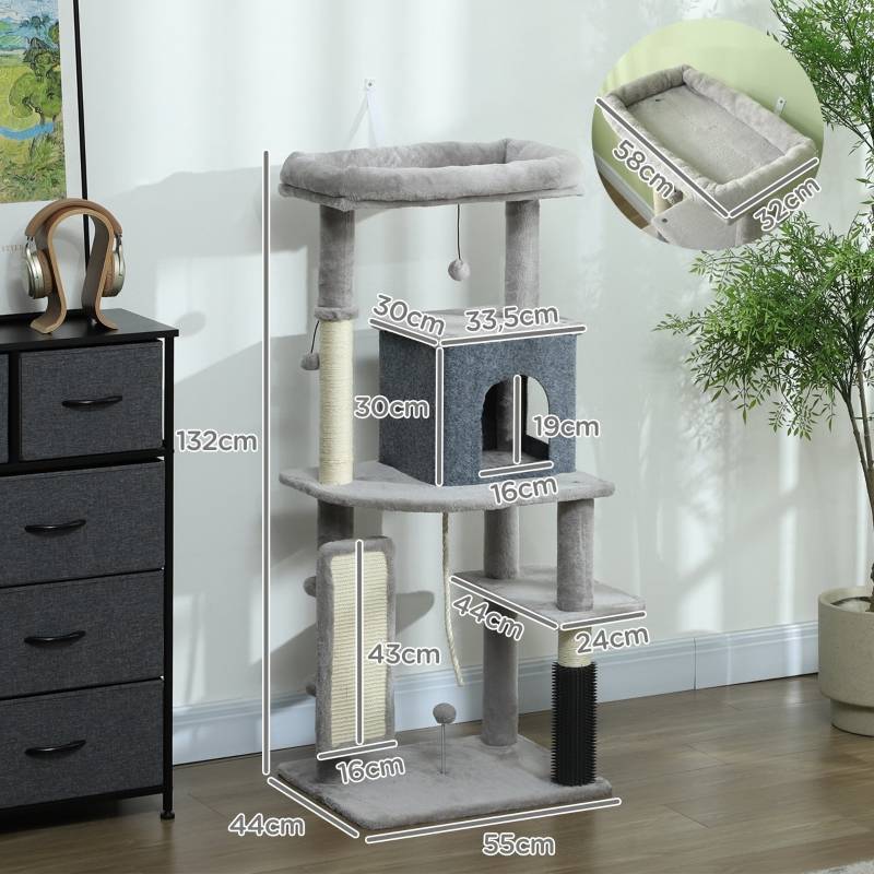 Arbre à chat 132cm avec poteaux à griffer, lit, maison, plateformes de saut et brosse gris clair - Image 3