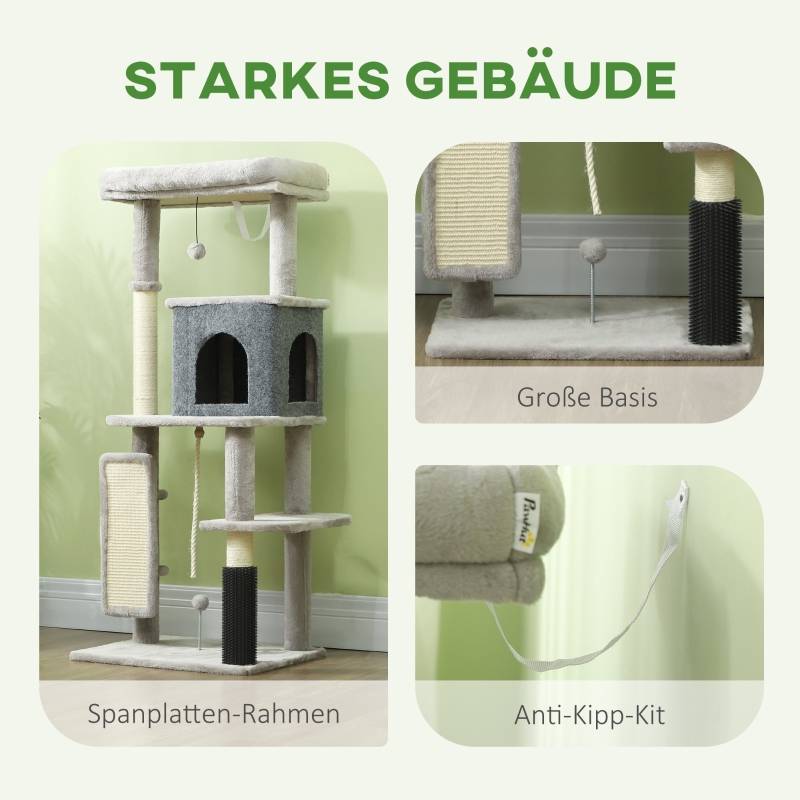 Arbre à chat 132cm avec poteaux à griffer, lit, maison, plateformes de saut et brosse gris clair - Image 6