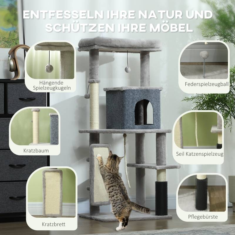 Arbre à chat 132cm avec poteaux à griffer, lit, maison, plateformes de saut et brosse gris clair - Image 5