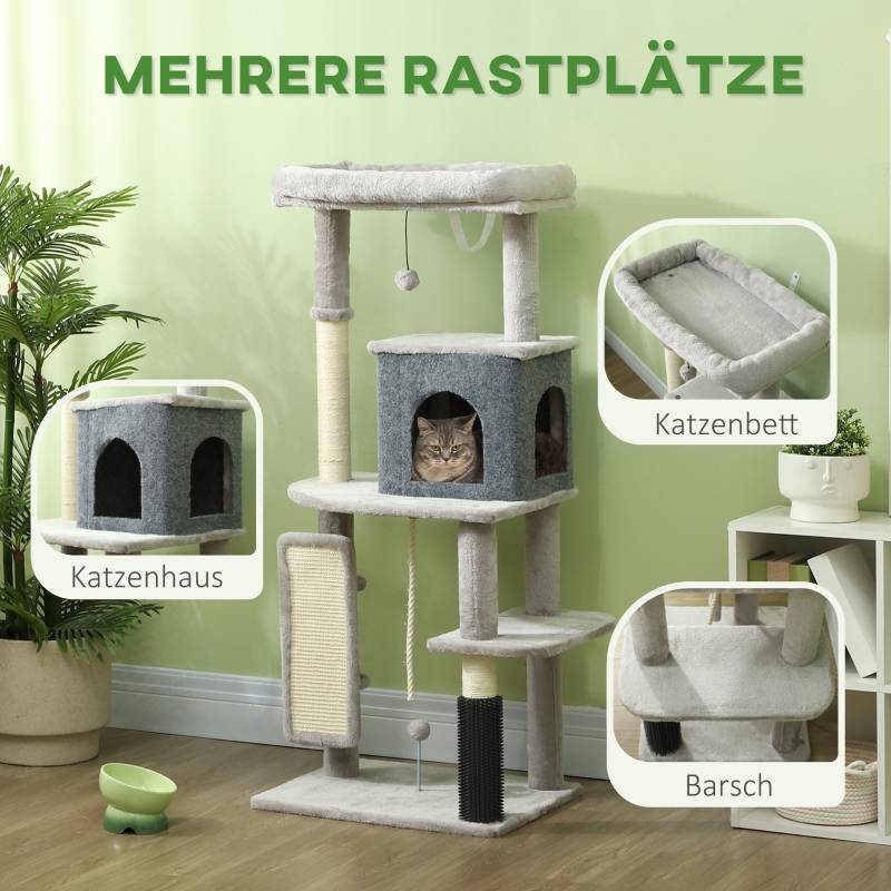 Arbre à chat 132cm avec poteaux à griffer, lit, maison, plateformes de saut et brosse gris clair - Image 4
