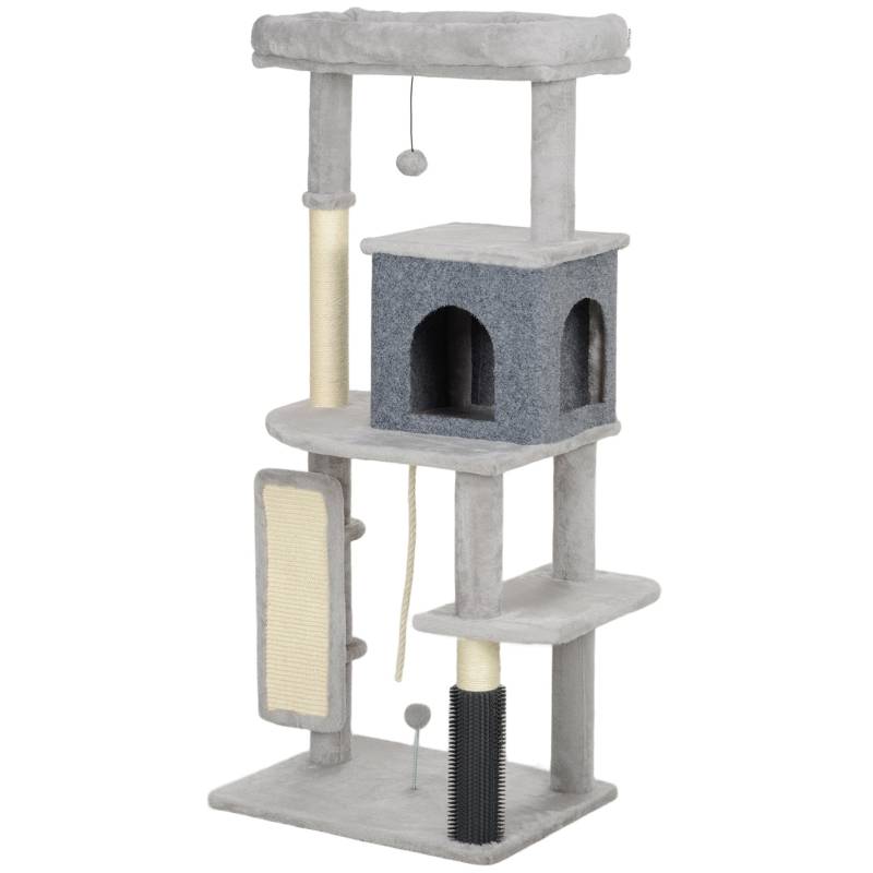 Arbre à chat 132cm avec poteaux à griffer, lit, maison, plateformes de saut et brosse gris clair - Image 1