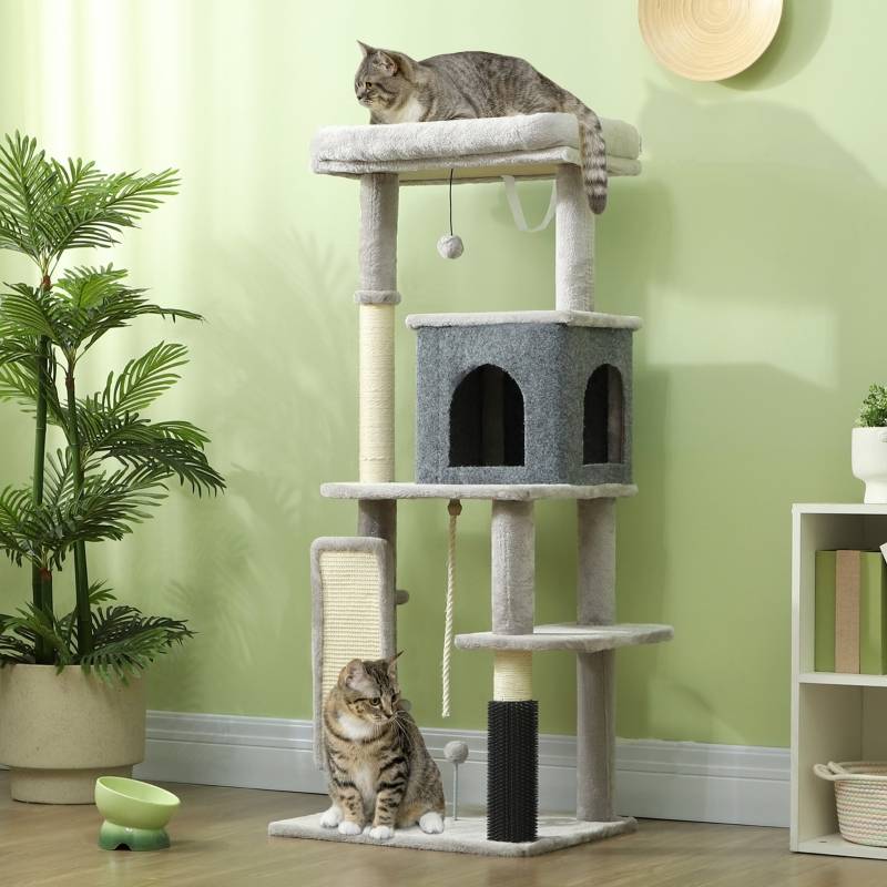 Arbre à chat 132cm avec poteaux à griffer, lit, maison, plateformes de saut et brosse gris clair - Image 2