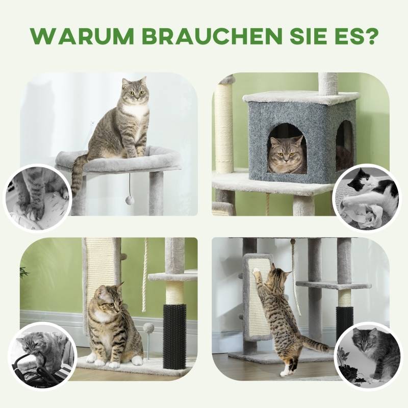 Arbre à chat 132cm avec poteaux à griffer, lit, maison, plateformes de saut et brosse gris clair - Image 7