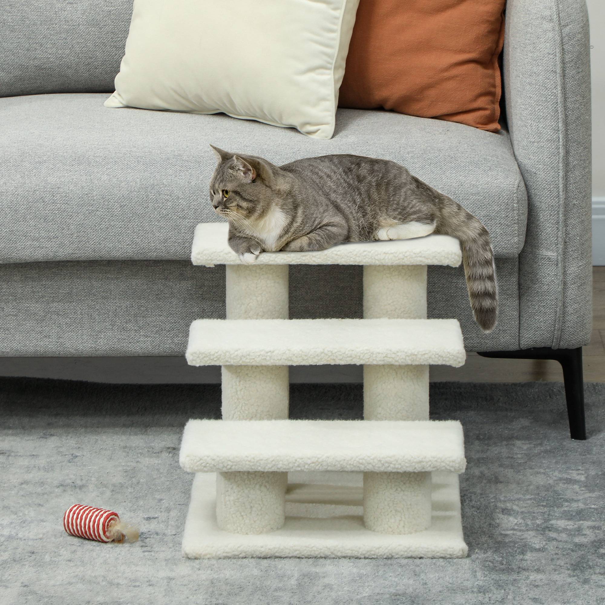 Escalier chat 3 marches, escalier chien, animaux, peluche, 45x35x34cm, beige - Image 4
