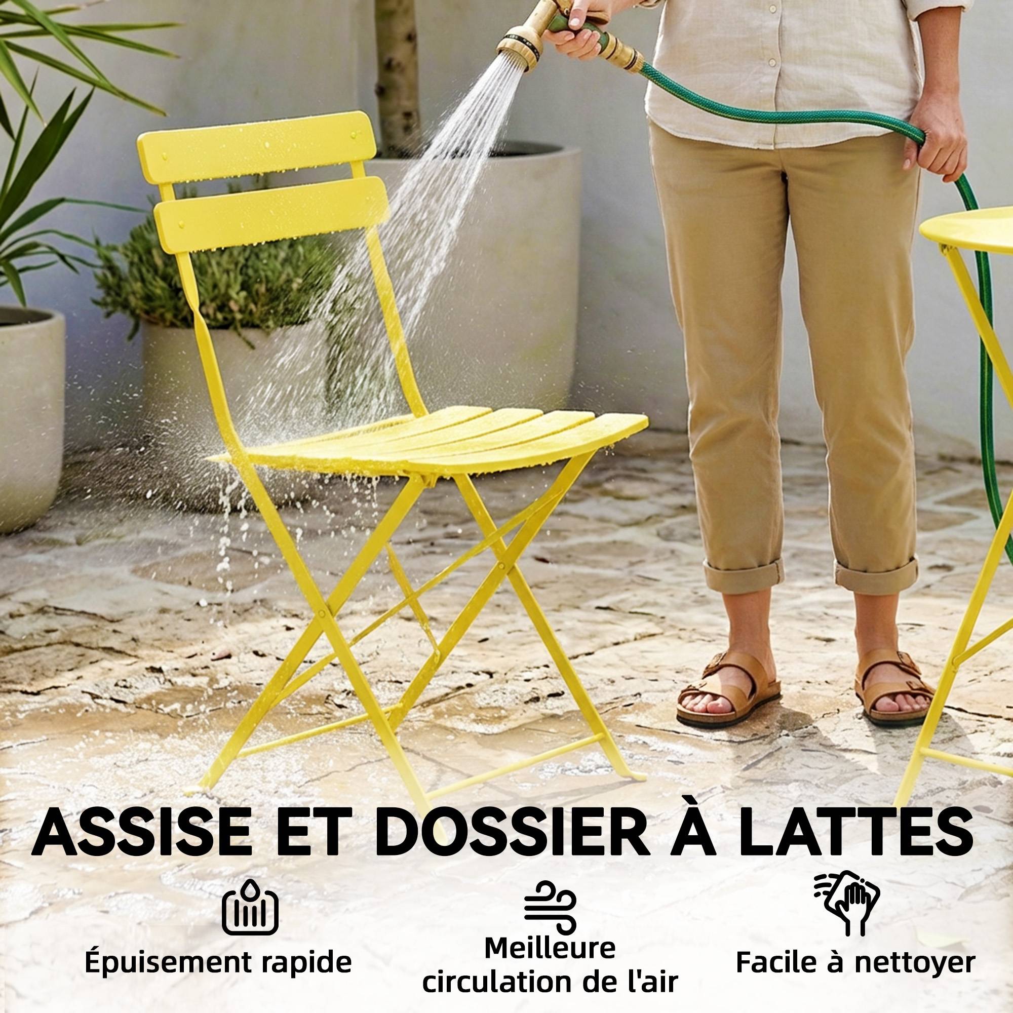 Ensemble Bistrot de Jardin 3 Pièces Table et 2 Chaises Pliantes à Lattes Double Protection Antirouille Jaune - Image 9
