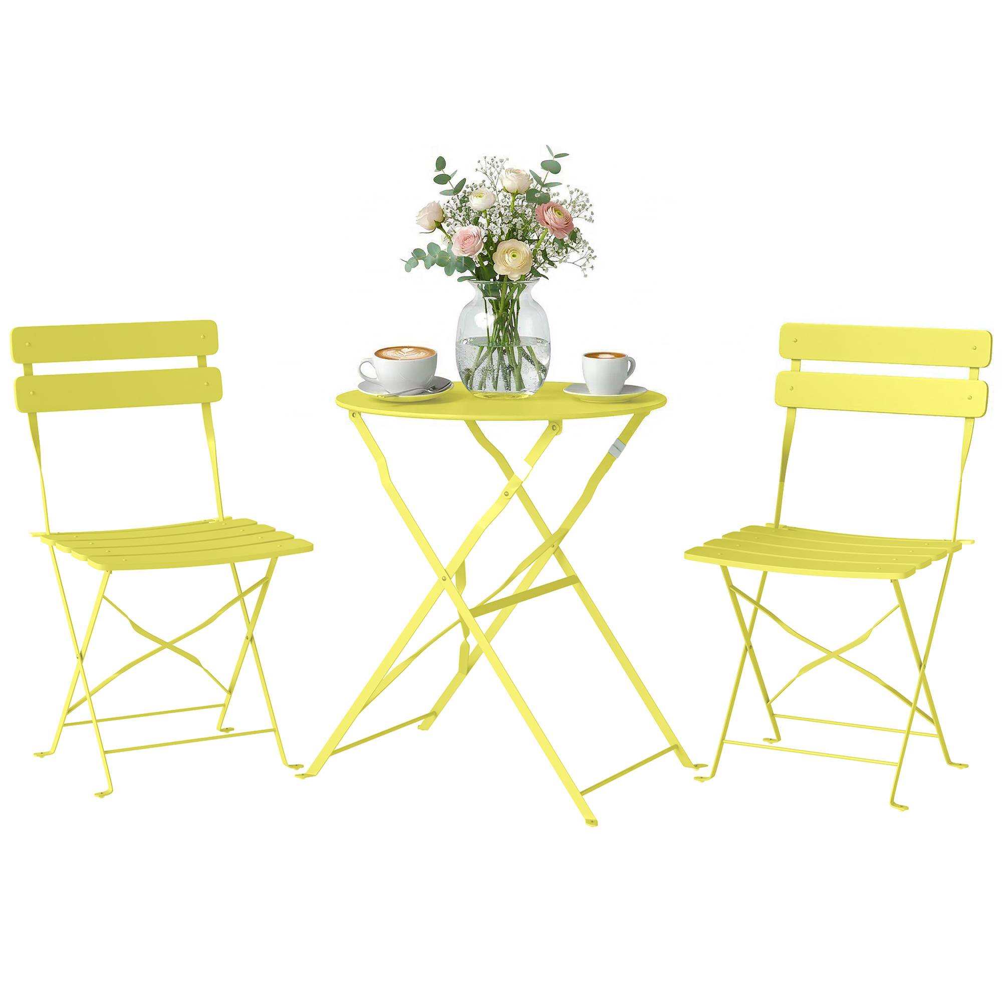 Ensemble Bistrot de Jardin 3 Pièces Table et 2 Chaises Pliantes à Lattes Double Protection Antirouille Jaune - Image 1